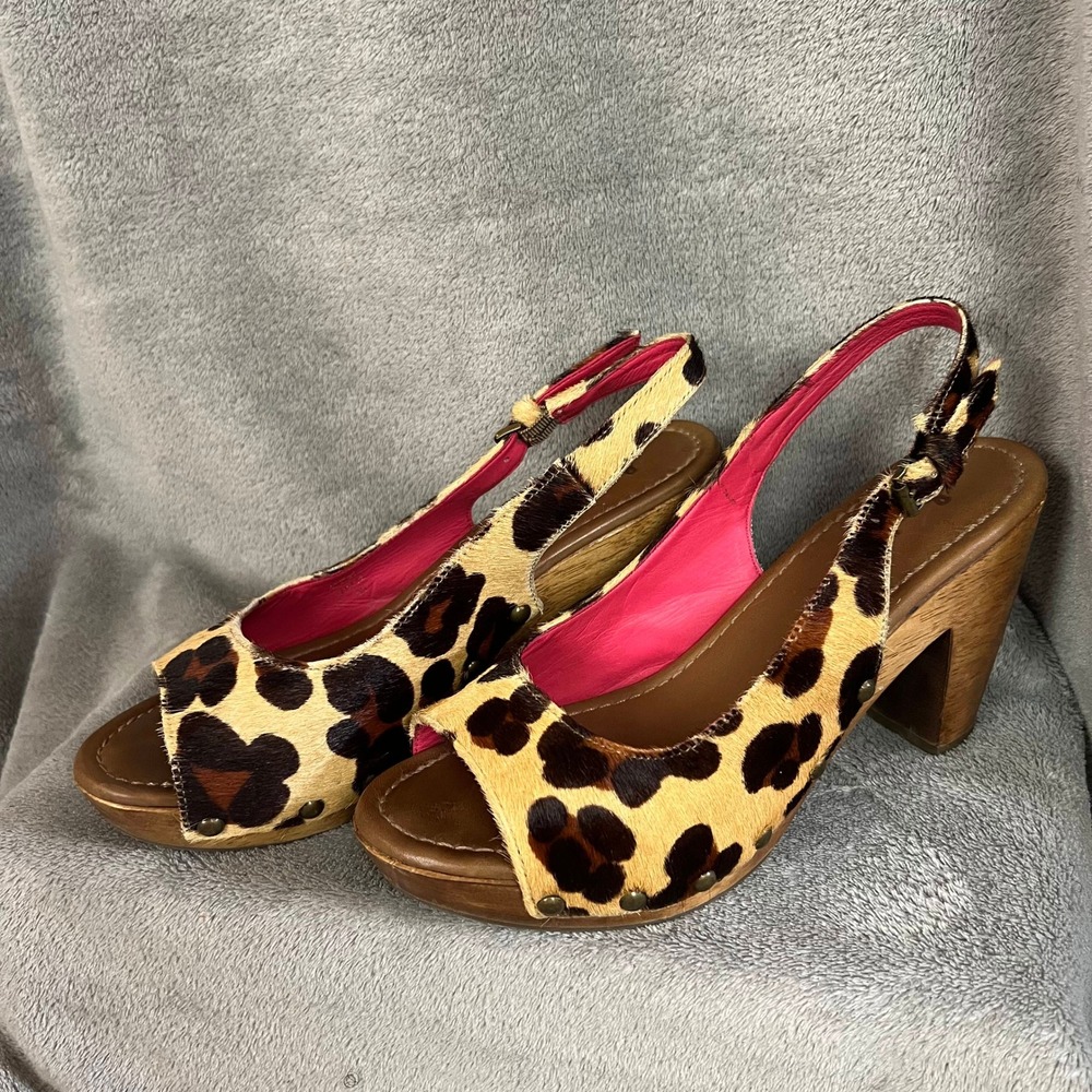 Boden Slingback Clog Heels Womens 8.5 Wood Calf Hair Cheetah Print Boho